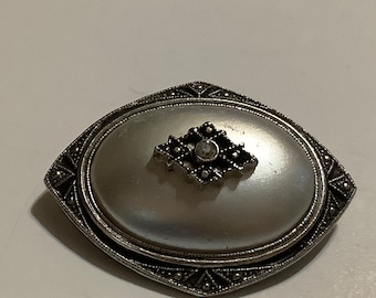 Avon Edwardian Revival Domed Silvertone pearlized marcarsite rhinestone brooch vintage