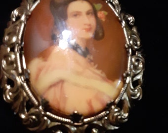 Classy Vintage Cameo Picture Brooch Marked West Germany "2" I Wonder What She is Thinking About?