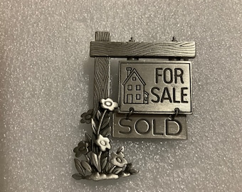 JJ signed real estate brooch pin vintage pewter jewelry