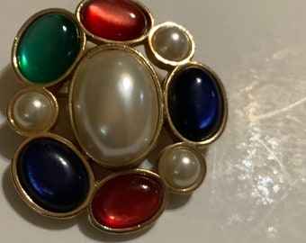 Avon Cabochon Gold Tone Faux Pearl brooch Red blue green  brooch vintage collectible