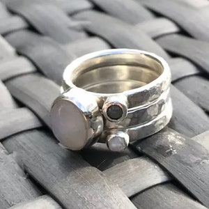 Sterling silver 925 stacking rings with moonstone and hammer detail