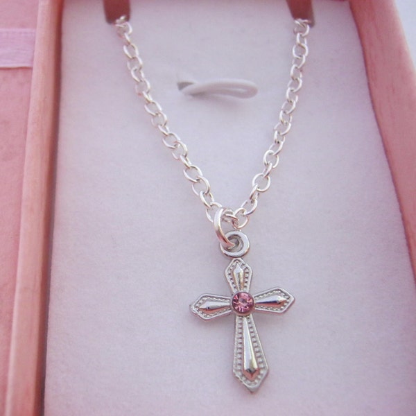 Girls Cross Necklace with Pink or Blue Rhinestone Children's Christian Jewellery Holy Communion Confirmation Easter Gifts Religious Jewelry