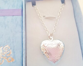 Girls Locket Necklace Heart shaped on Silver Plated Chain Flower Girls Children's Jewellery Kids Stocking Stuffer Filler Grandchild Gifts