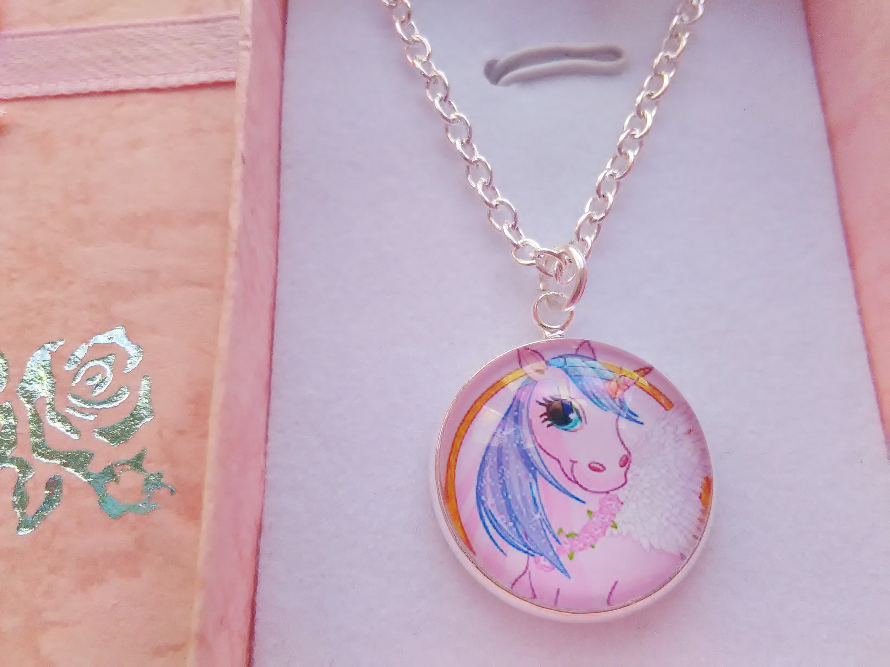 Girls Unicorn Pendant Necklace Multicoloured Blue or Pink Kids Etsy