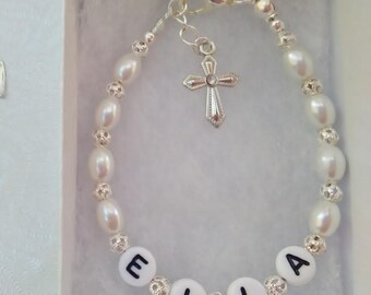 Personalised Holy Communion Bracelet ANY NAME  Girls White First Communion Confirmation Bracelet Religious Christian Catholic Jewellery Gift