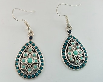 Blue Stone Teardrop Earrings on Silver Plated Wires Blue Dangle Earrings for Women