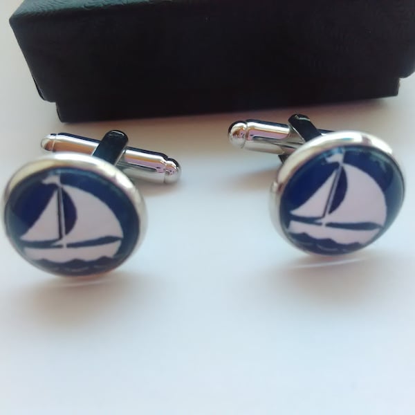 Mens Sailboat Cufflinks Navy Blue  Nautical Yacht 14mm Mens Boys Sailor Cuff Links Groomsmen Dad Husband Mens Gifts for him