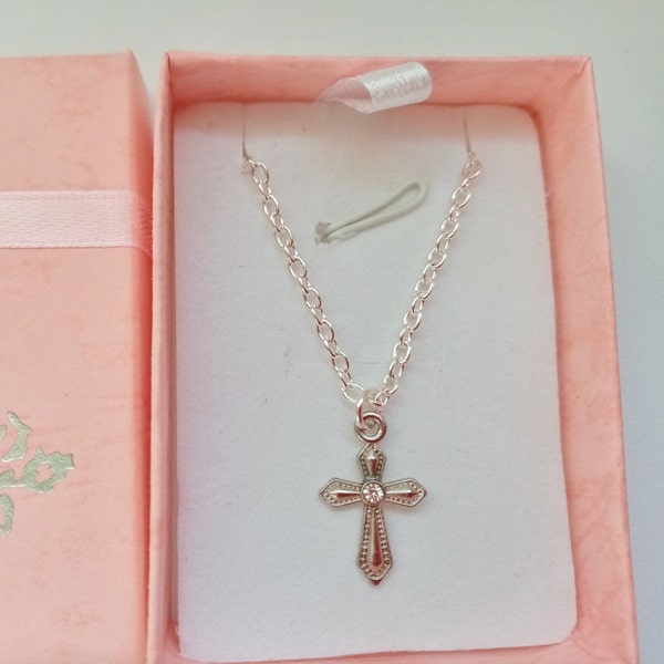 Child Cross Necklace with Clear Pink or Blue Rhinestone Girl's Christian Jewellery for Holy Communion Confirmation Easter Religious Gifts