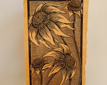 Blumenblock Druck, Original Linoldruck, Sonnenblumen Druck, Florale Kunst, Botanischer Druck, handgemachtes Kunstwerk, Geschenk für Naturliebhaber, Botanische Kunst