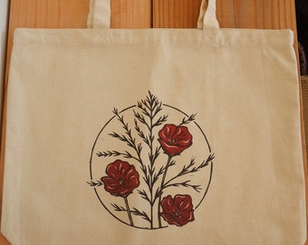 Reusable Grocery Tote, Cotton Tote, Poppy Tote, Floral Grocery Tote, Poppies, California Tote