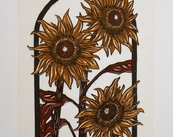 Sunflower Block Print, Original Linocut, Sunflower Art, Floral Art, Botanical Print, Handmade Artwork, Gift for Nature Lover, Sunflowers