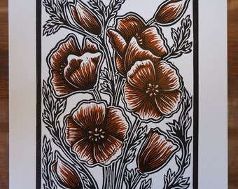Poppy Block Print, California, Original Linocut, Poppy Print, Floral Art, Botanical Print, Handmade Art, California Poppy Art, Block Print