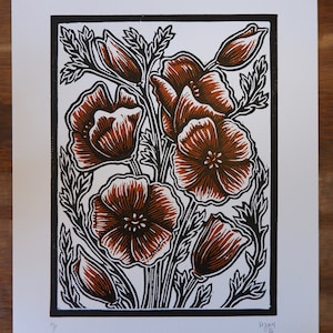 Poppy Block Print, California, Original Linocut, Poppy Print, Floral Art, Botanical Print, Handmade Art, California Poppy Art, Block Print