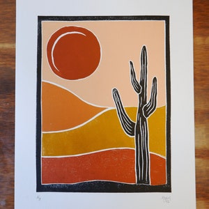 Cactus Block Print - Handmade Jigsaw Linocut
