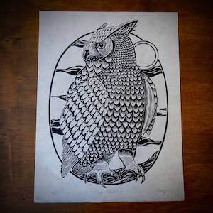 Owl Block Print, Original Linocut, Owl Print, Bird Art, Botanical Print, Handmade Artwork, Gift for Nature Lover, Spiritual Art, Owl Art