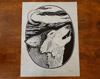 Wolf Block Print, Original Linocut, Wolf Print, Wolf Art, Botanical Print, Handmade Artwork, Spiritual Art, Nature Print, Wolf Lover, Nature