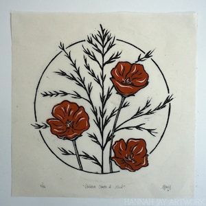 Poppy Block Print, Original Linocut, Poppy Print, Floral Art, Botanical Print, Handmade, California Gift, California Art, California Poppies