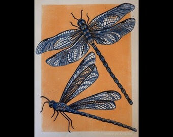 Dragonfly Block Print, Dragonfly Art, Original Linocut, Dragonfly Print, Nature Art, Botanical Print, Handmade Art, Block Print, Dragonflies