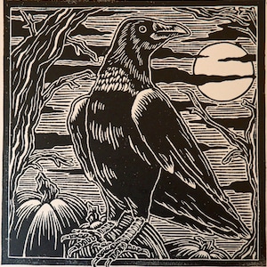 May include: A black raven perched on a pumpkin with a full moon in the background. The raven is facing right and has its wings spread out. The image is in a woodcut style.