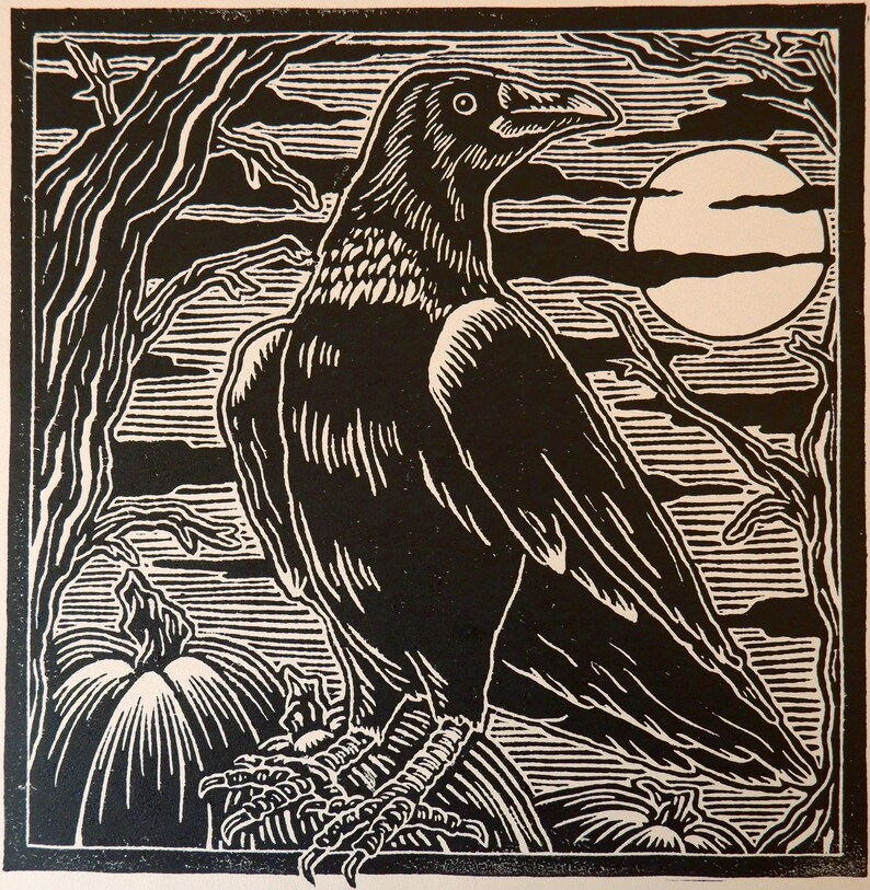 May include: A black raven perched on a pumpkin with a full moon in the background. The raven is facing right and has its wings spread out. The image is in a woodcut style.