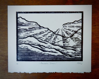 Mountain Block Print, Original Linocut, Mountain Print, Mountain Art, Nature Print, Handmade Artwork, Gift for Nature Lover, Nature Art