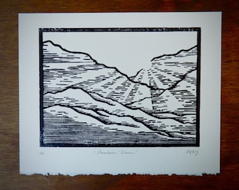 Mountain Block Print, Original Linocut, Mountain Print, Mountain Art, Nature Print, Handmade Artwork, Gift for Nature Lover, Nature Art