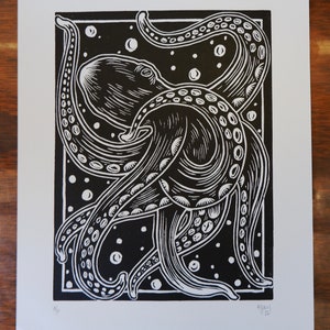 Octopus Block Print, Original Linocut, Ocean Print, Ocean Art, Octopus Print, Handmade Artwork, Gift for Beach Lover, Beach Art, Block Print