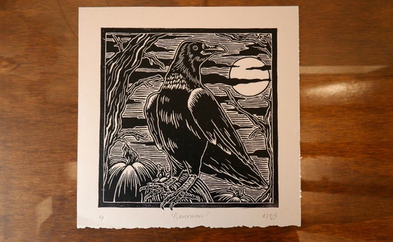 Raven Block Print, Original Linocut, Raven Print, Edgar Allen Poe, Halloween Print, Handmade Art, Gift for Book Lover, Nevermore, Bird Art