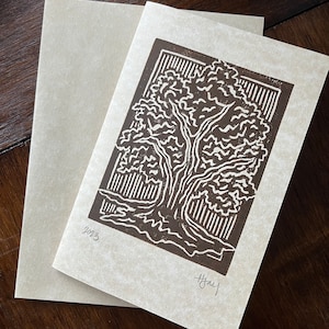 Handgemaakte wenskaarten met enveloppen, boomkaart, blokprint, natuurkaart, kerstkaart, 3-pack, wenskaarten