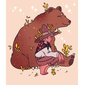 May include: A brown bear with a friendly expression sits with a person wearing a brown hat and a red and white polka dot scarf. The bear and person are surrounded by small yellow leaves and the text "bear familiar" is at the bottom of the image.