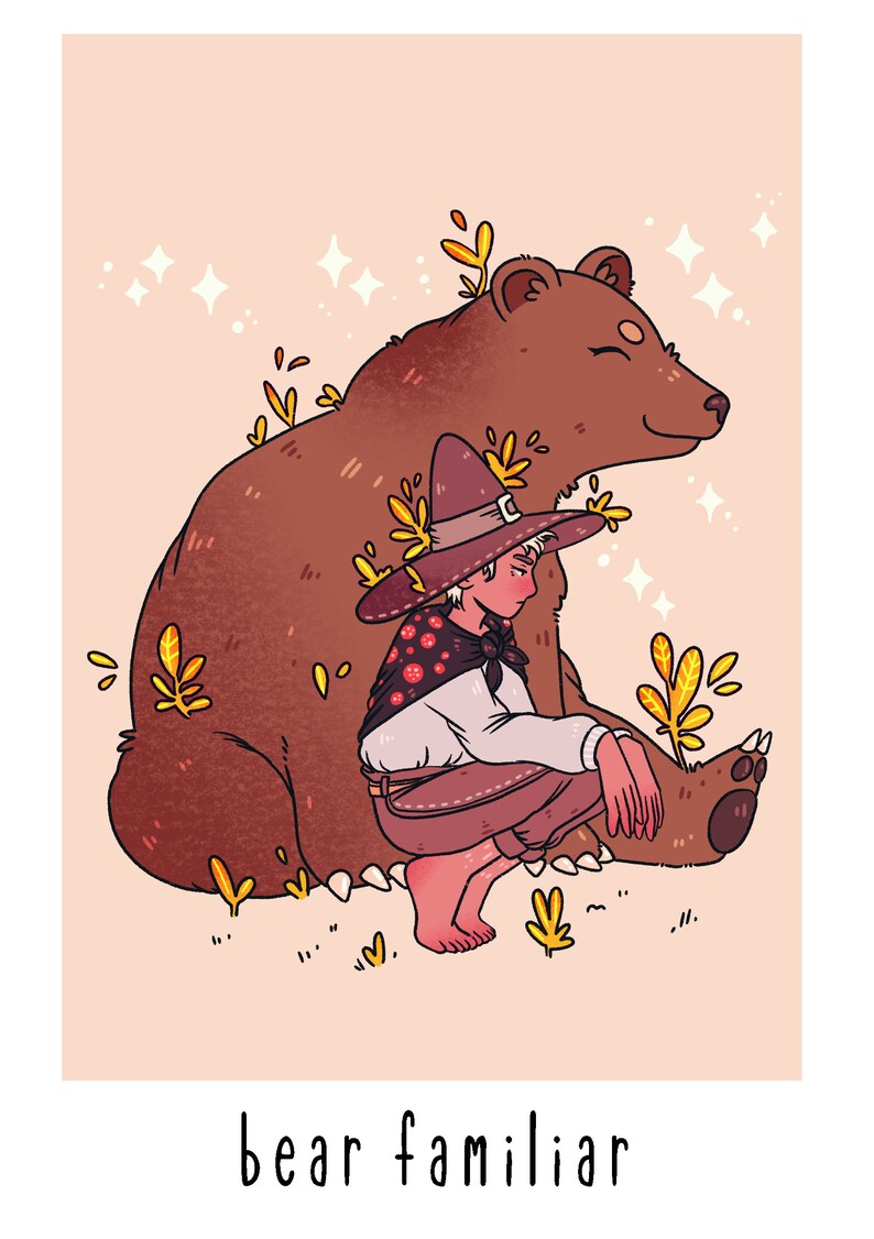 May include: A brown bear with a friendly expression sits with a person wearing a brown hat and a red and white polka dot scarf. The bear and person are surrounded by small yellow leaves and the text "bear familiar" is at the bottom of the image.