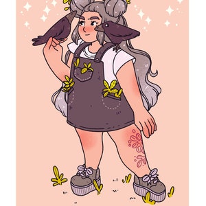 May include: A cartoon illustration of a person with grey hair wearing a purple overall dress with yellow leaves on the pockets. The person has two black crows perched on their shoulders. The background is a light pink color with white stars.