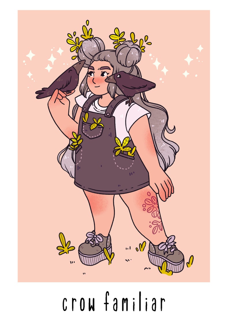 May include: A cartoon illustration of a person with grey hair wearing a purple overall dress with yellow leaves on the pockets. The person has two black crows perched on their shoulders. The background is a light pink color with white stars.