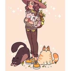 May include: A witch wearing a brown hat with green leaves and a brown sweater holds a white cat. Three cats are on the ground: a black cat, a white cat, and an orange cat. The text "cat familiar" is at the bottom of the image.