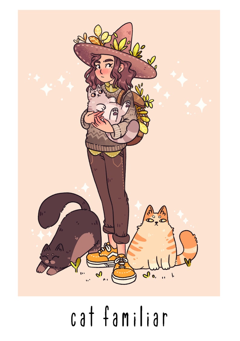 May include: A witch wearing a brown hat with green leaves and a brown sweater holds a white cat. Three cats are on the ground: a black cat, a white cat, and an orange cat. The text "cat familiar" is at the bottom of the image.