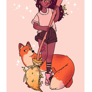 May include: A woman with dark curly hair and glasses holds a broom with a fox curled around it. The broom is decorated with flowers and leaves. The woman is wearing a pink shirt, black shorts, and pink shoes. The background is a light pink color with white stars.