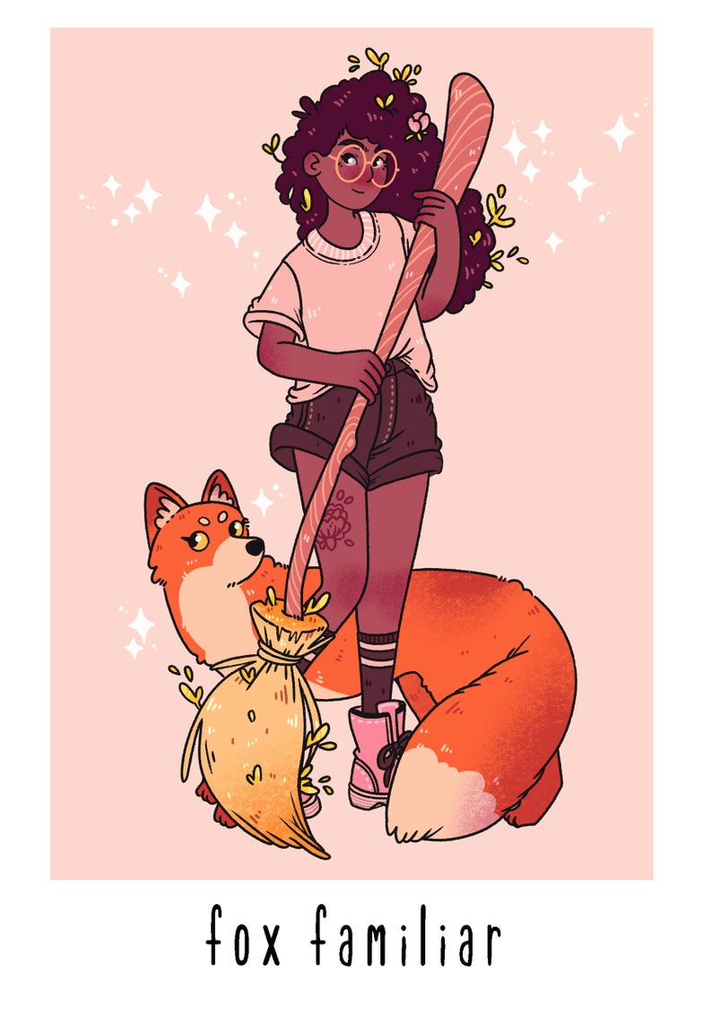 May include: A woman with dark curly hair and glasses holds a broom with a fox curled around it. The broom is decorated with flowers and leaves. The woman is wearing a pink shirt, black shorts, and pink shoes. The background is a light pink color with white stars.