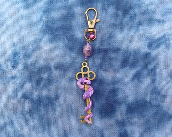 Unique handmade scissor fob, purple snake on a key