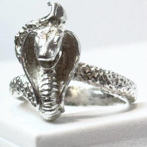 May include: A silver-toned ring featuring a sculpted cobra snake design. The snake's head is raised with an expanded hood, and the band of the ring is textured to resemble snake scales, wrapping around the finger in a continuous metallic form.