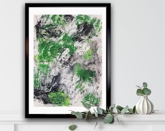 Contemporary modern green abstract painting on paper. Expressionist art.