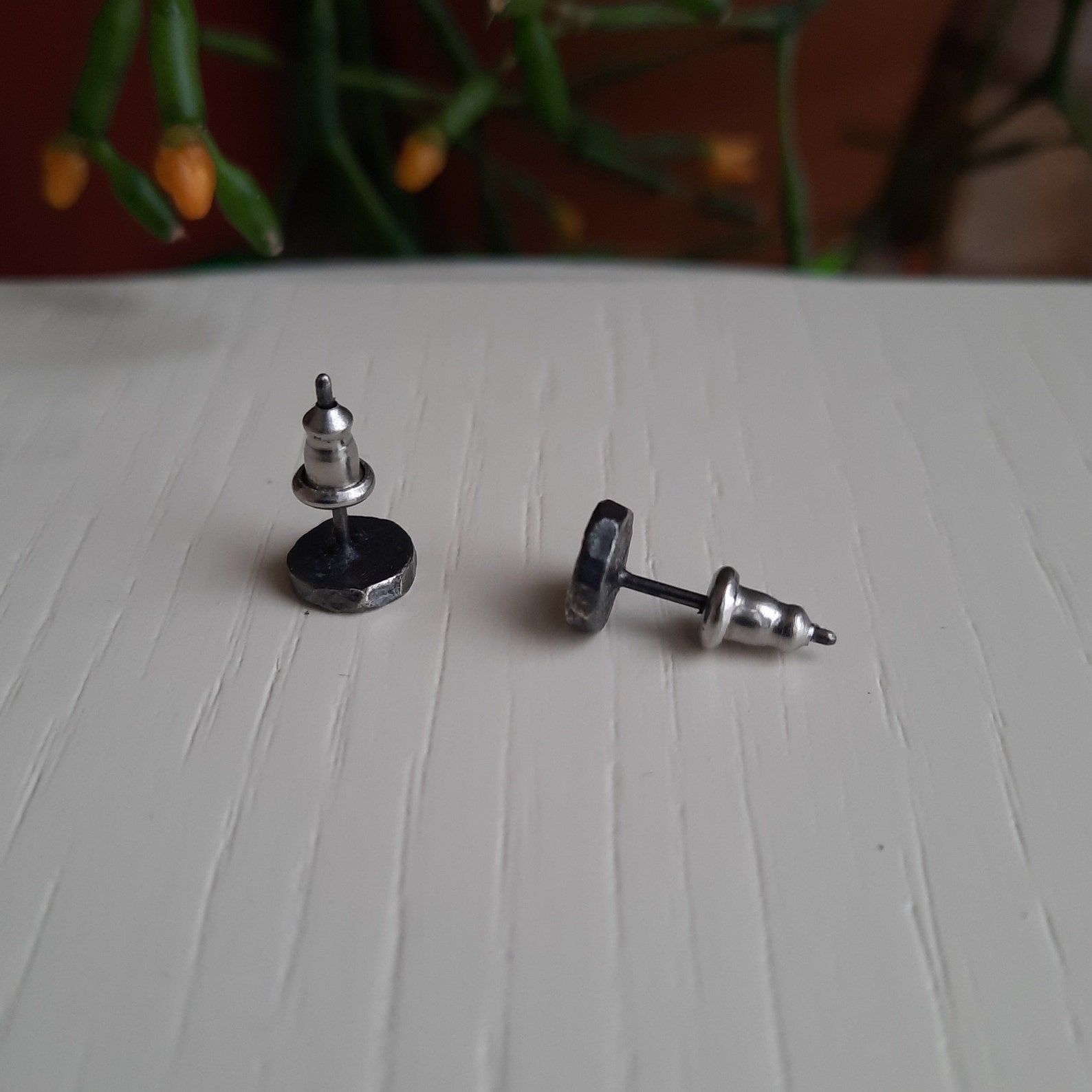 Silver Oxidised Ear Studs - Black Glass Stone main image 1