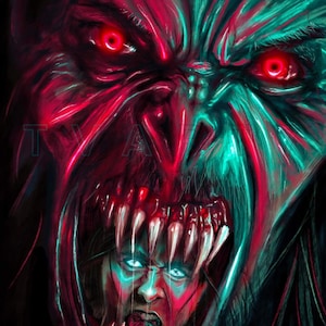 May include: A digital illustration of a monstrous creature with glowing red eyes and sharp teeth. The creature's mouth is open wide, revealing a human face with a terrified expression. The text "MORBIUS" is written in a stylized font at the bottom of the image.