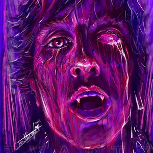 May include: A digital painting of a person's face with fangs, red eyes, and blood dripping down their face. The background is a dark purple and blue with white lines.