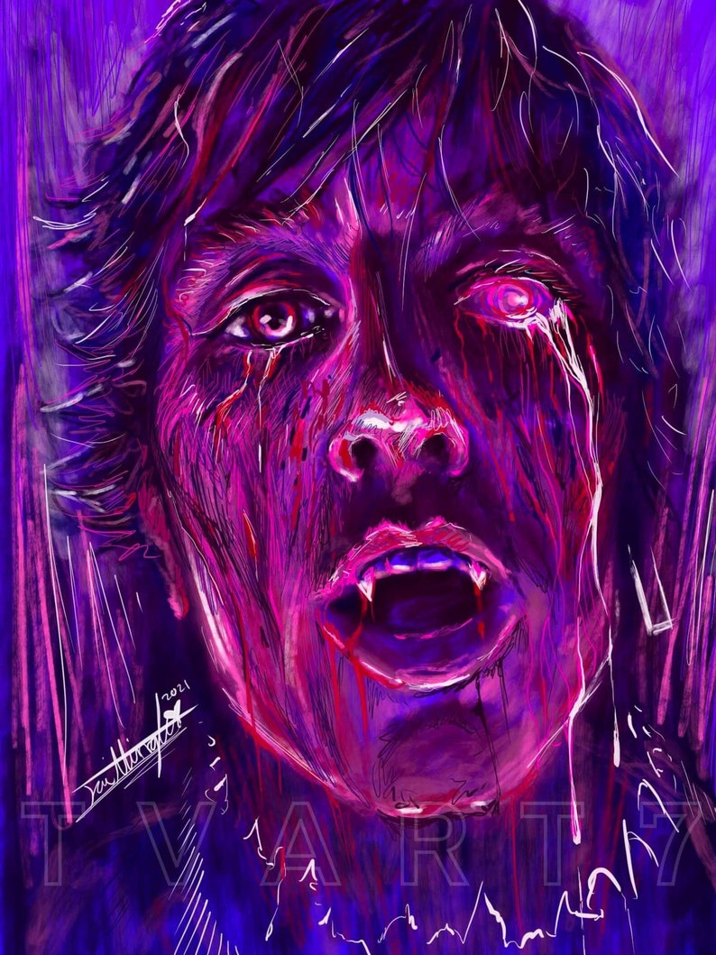 May include: A digital painting of a person's face with fangs, red eyes, and blood dripping down their face. The background is a dark purple and blue with white lines.