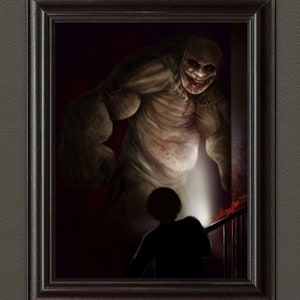 May include: A digital painting of a monstrous creature with a grotesque smile, standing in a doorway. A smaller figure is silhouetted in the foreground, looking up at the creature.