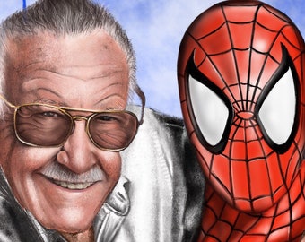 スパイダーマン像を描いたスタン・リー - マーベル、限定版プリント