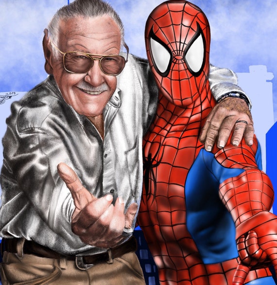 Stan Lee con disegno della statua di Spider-Man Marvel - Etsy Italia