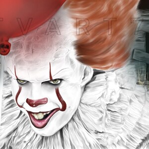 May include: A close-up of Pennywise the Dancing Clown from the movie "IT". He is wearing a white ruffled collar and a red nose. He has a sinister smile and is holding a red balloon with the word "T-V-A-R-T" written on it.