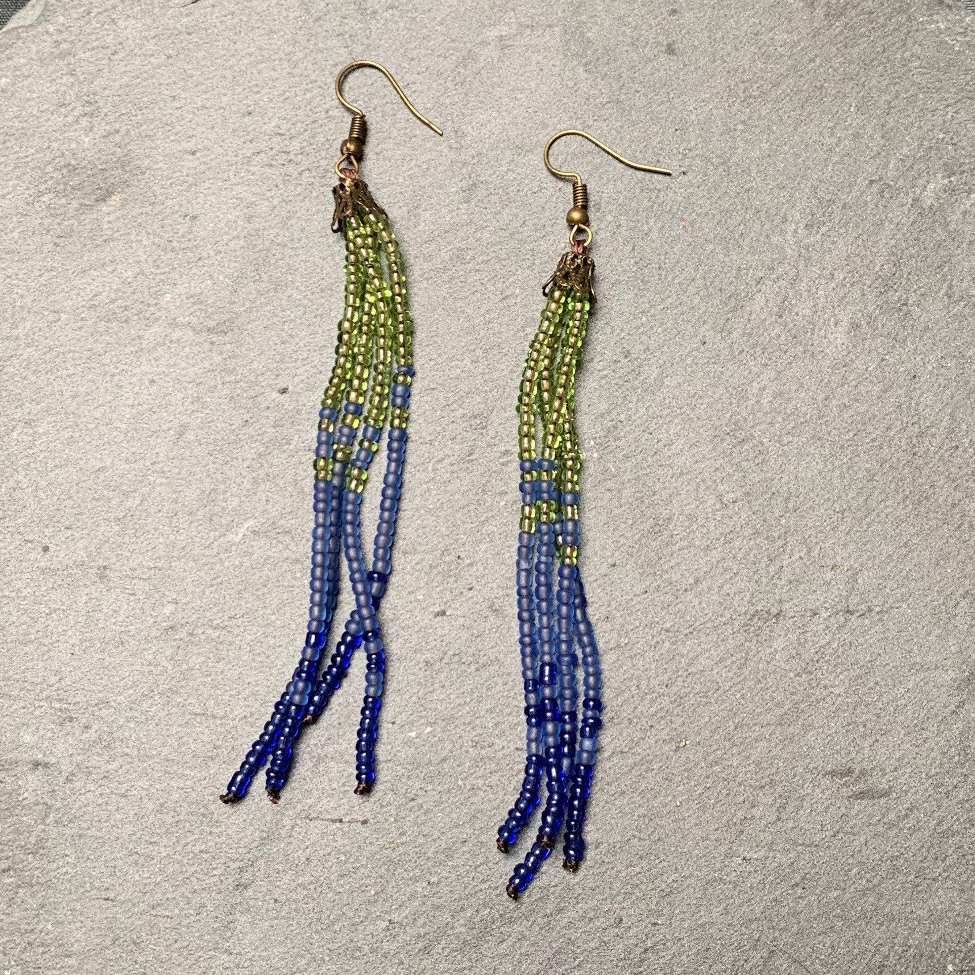 Seed Bead Tassel Earrings Shoulder Duster Earrings Lime Green, Blue