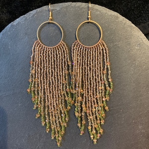 Bead Weave Earrings | Rose Gold Earrings | Seed Bead Earrings | Long Dangle Shoulder Duster Boho Earrings